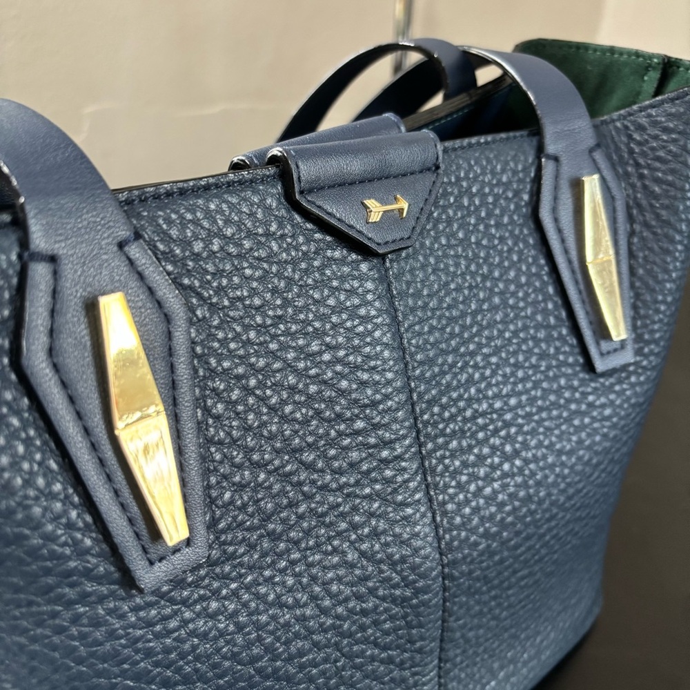 Gianni Bini Leather Shoulder Tote Purse Silver Hardware Navy Blue - Picture 9 of 12